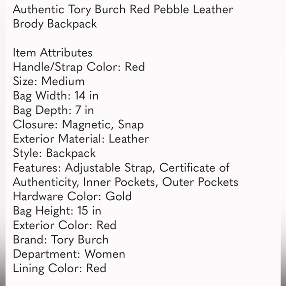 Tory Burch Red Pebble Leather Brody Backpack Authentic - Picture 8 of 8